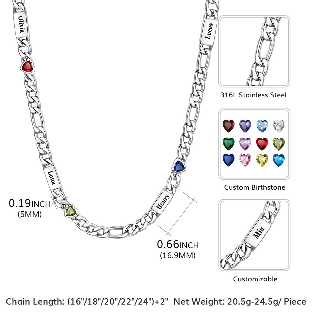 Silver-toned chain necklace with heart-shaped birthstone charms and engraved names, shown on a white background with measurement labels, material callouts, and customization inset images.
