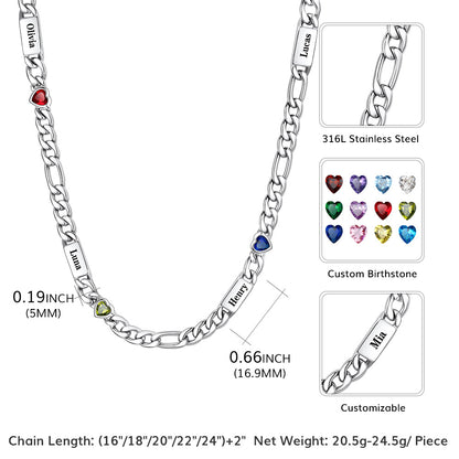 Silver-toned chain necklace with heart-shaped birthstone charms and engraved names, shown on a white background with measurement labels, material callouts, and customization inset images.