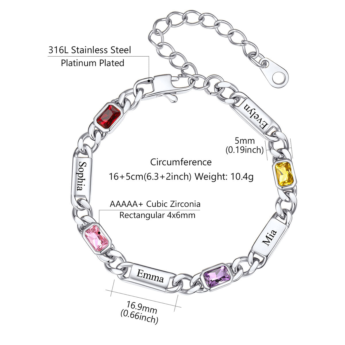 Silver-toned cuban chain bracelet with engraved names and colored zirconia stones, shown with measurement labels and product details on a white background.