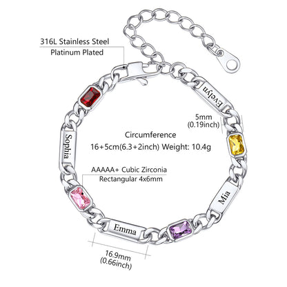 Silver-toned cuban chain bracelet with engraved names and colored zirconia stones, shown with measurement labels and product details on a white background.