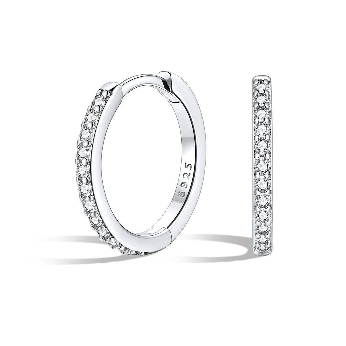Silver 12mm huggie earrings with embedded stones on a white background