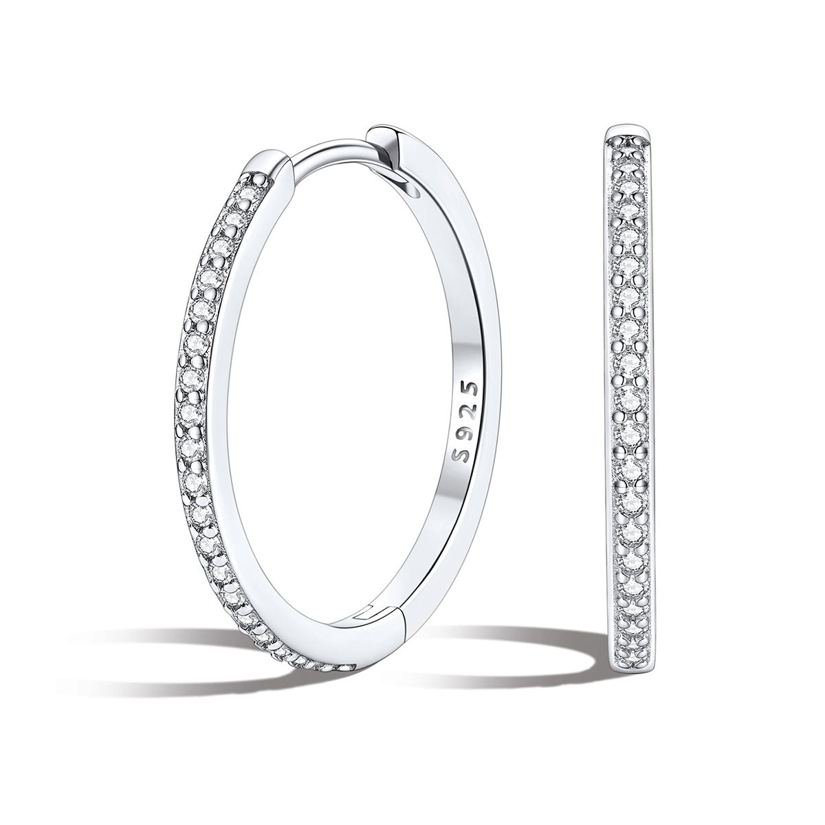 Silver 20mm huggie earrings with embedded stones on a white background