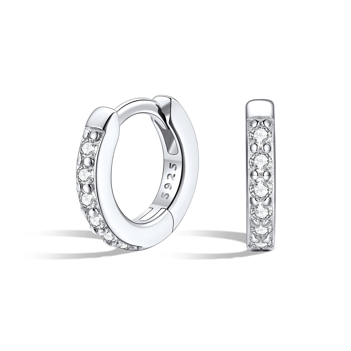Silver 6mm huggie hoop earrings with embedded stones on a white background