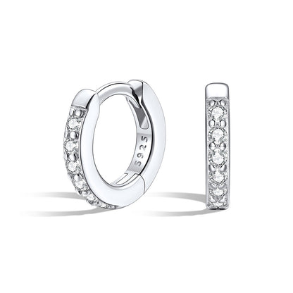 Silver 6mm huggie hoop earrings with embedded stones on a white background