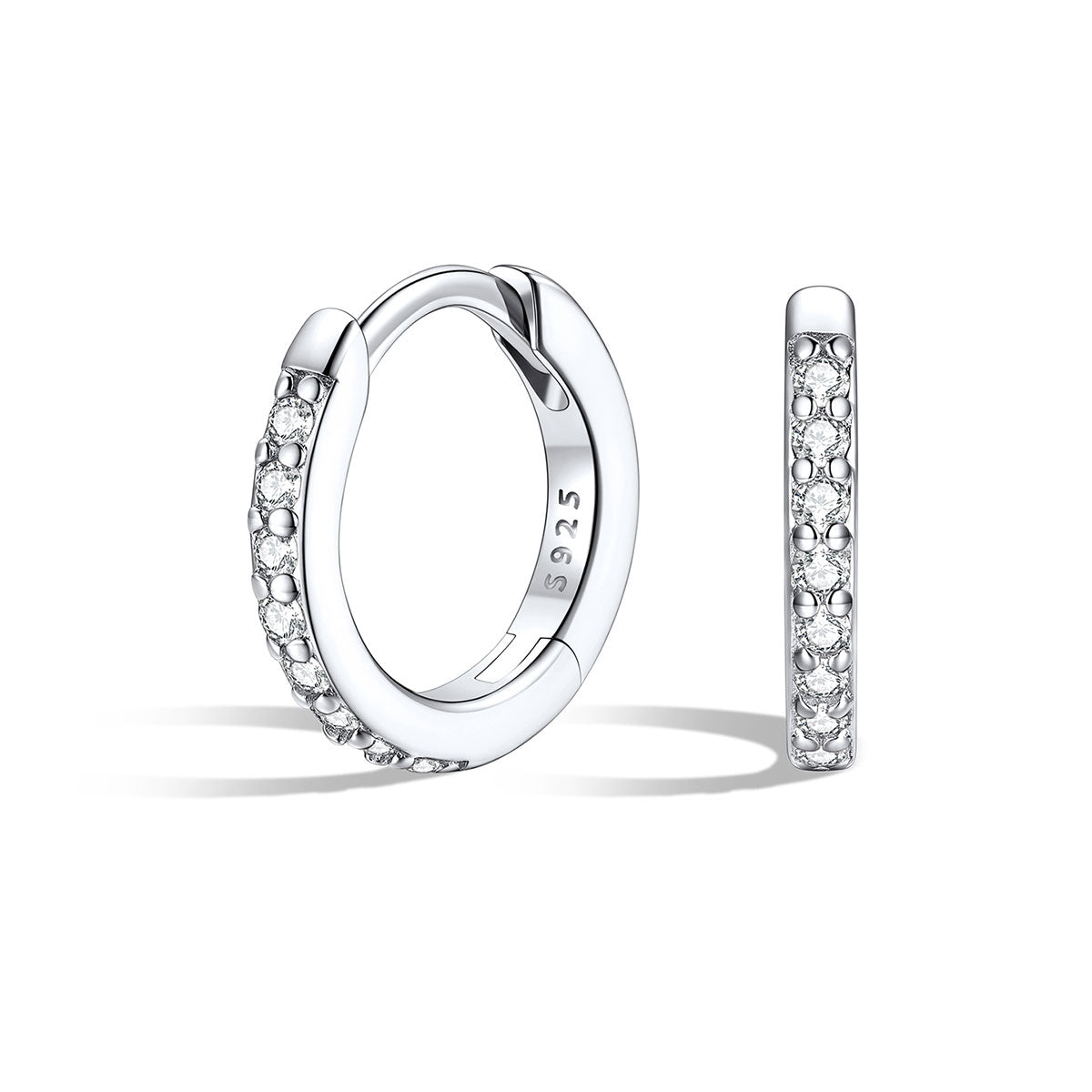 Silver 8mm huggie earrings with embedded stones on a white background