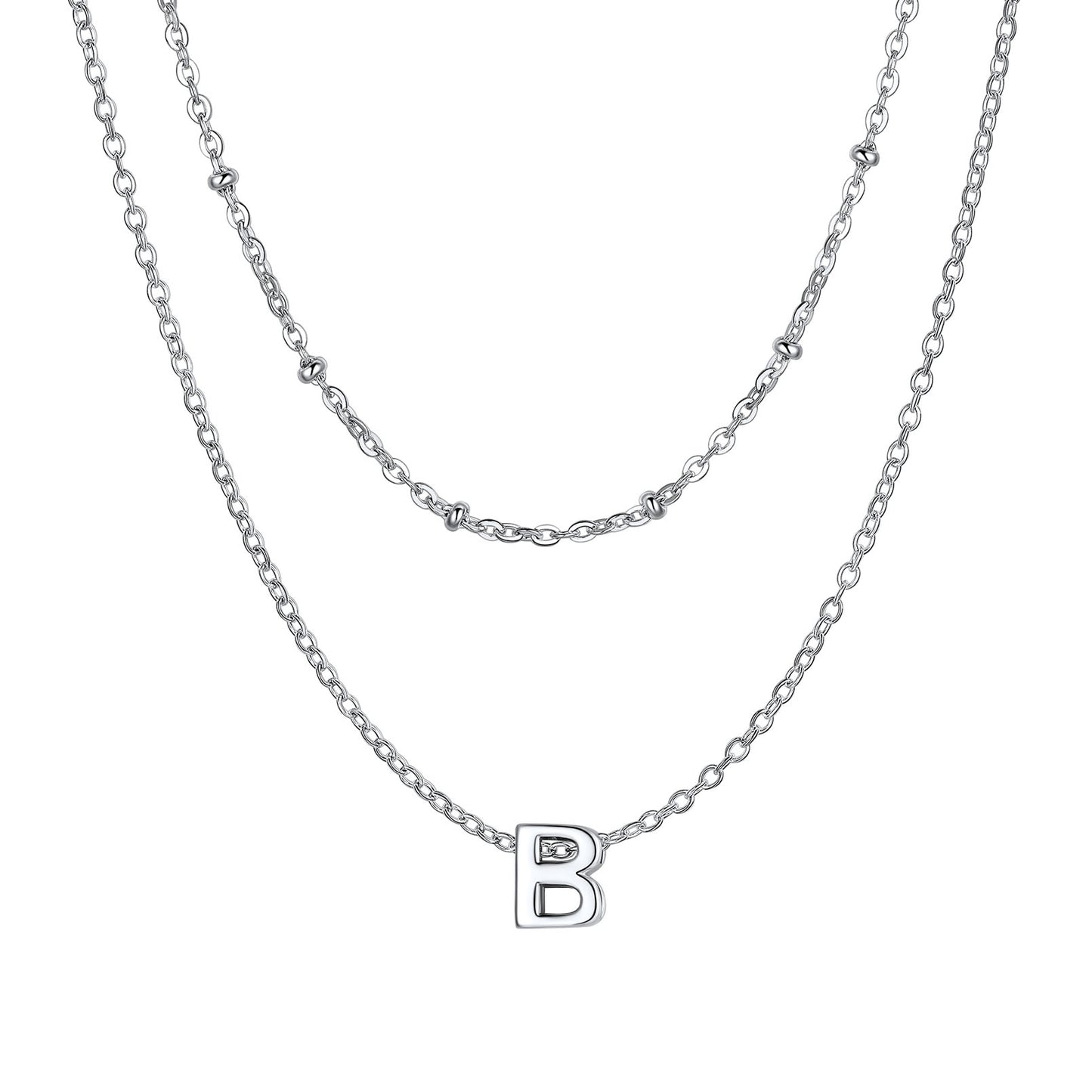 Silver B Layered initial W necklace on a white background