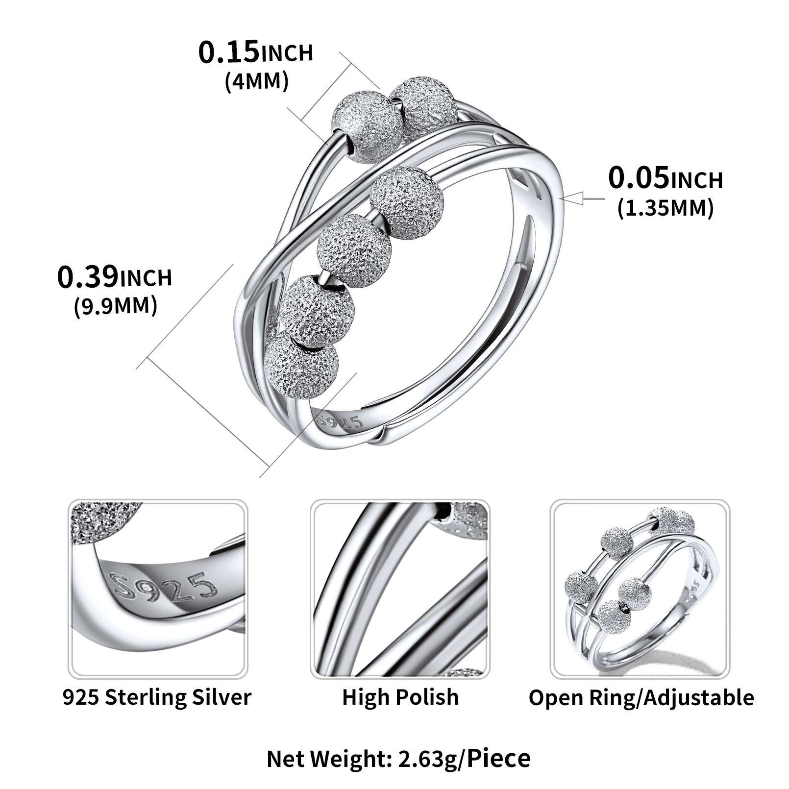 Silver Beads Anxiety Fidget Ring Dimension, Durable