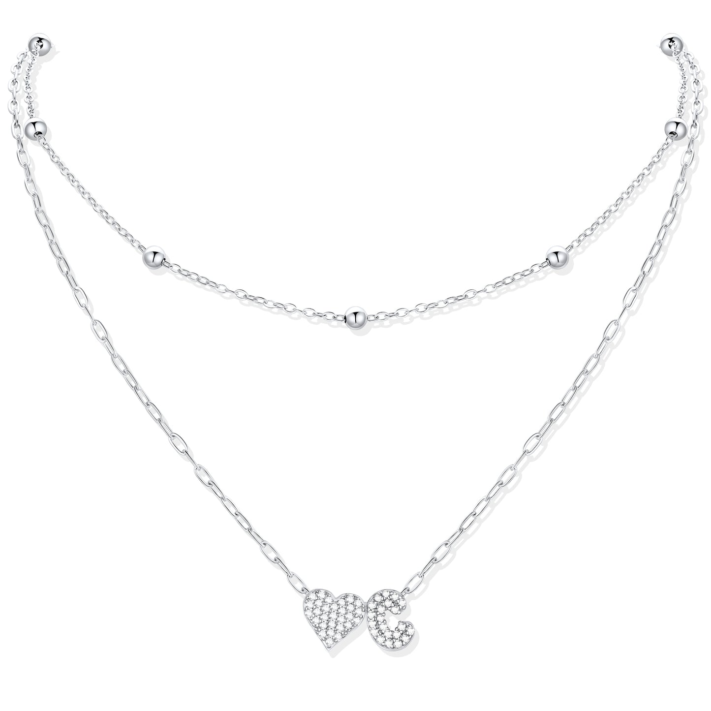 Silver CZ initial C necklace with a heart-shaped pendant on a white background