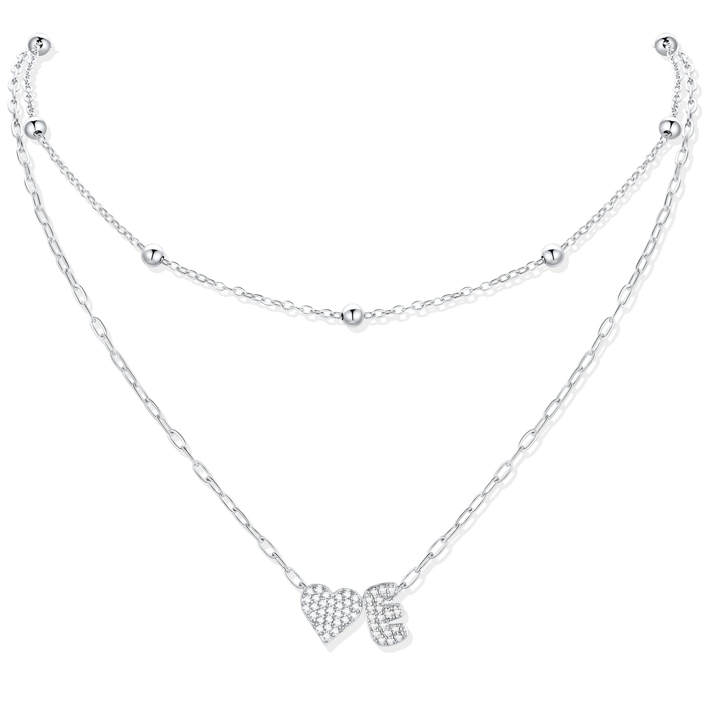Silver CZ initial E necklace with a heart-shaped pendant on a white background
