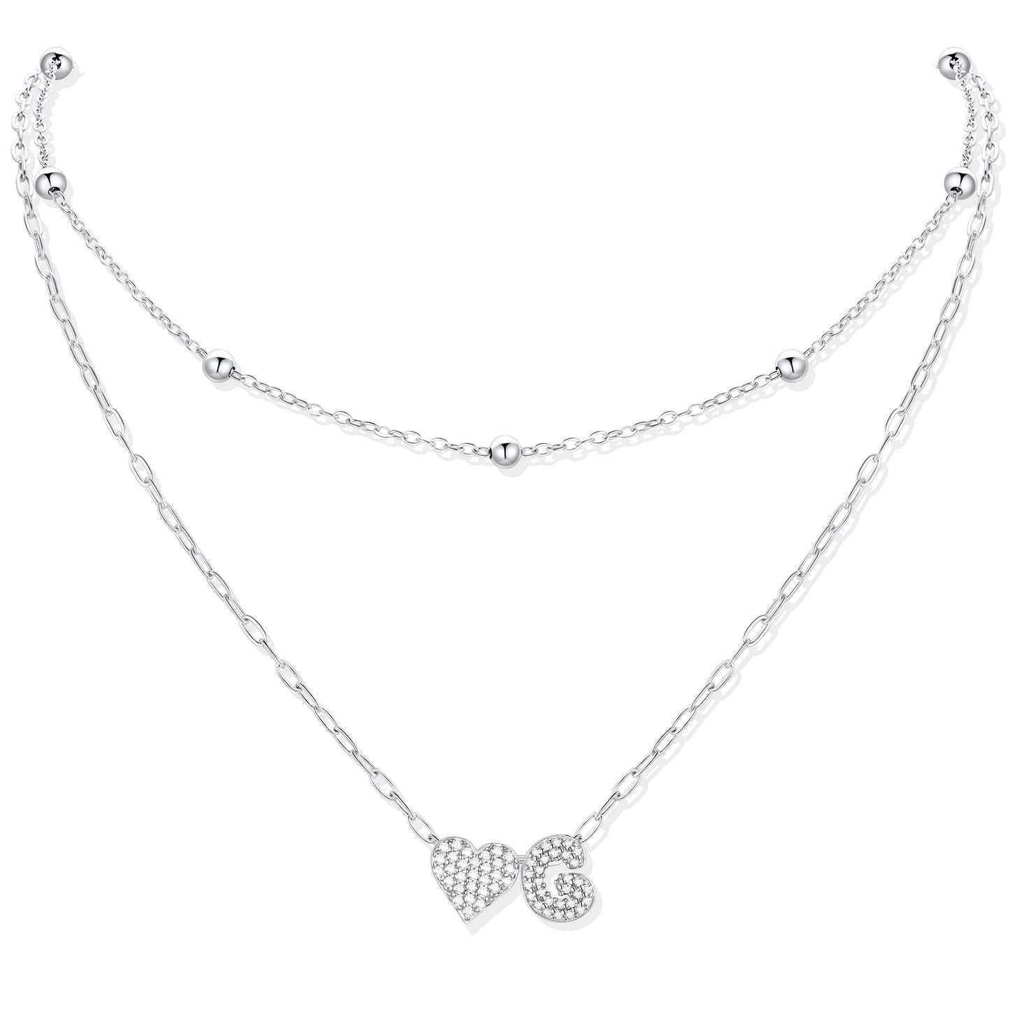 Silver CZ initial G necklace with a heart-shaped pendant on a white background