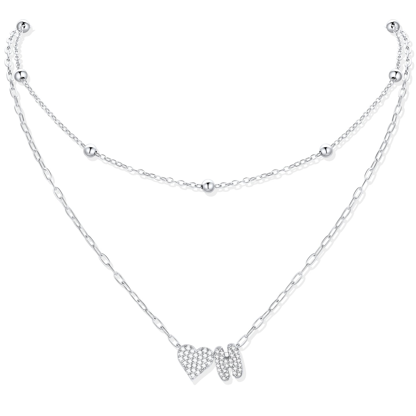 Silver CZ initial H necklace with a heart-shaped pendant on a white background