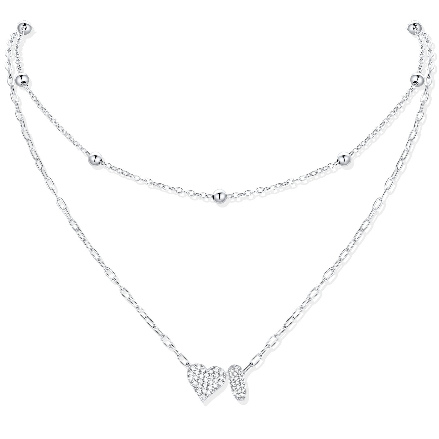 Silver CZ initial I necklace with a heart-shaped pendant on a white background
