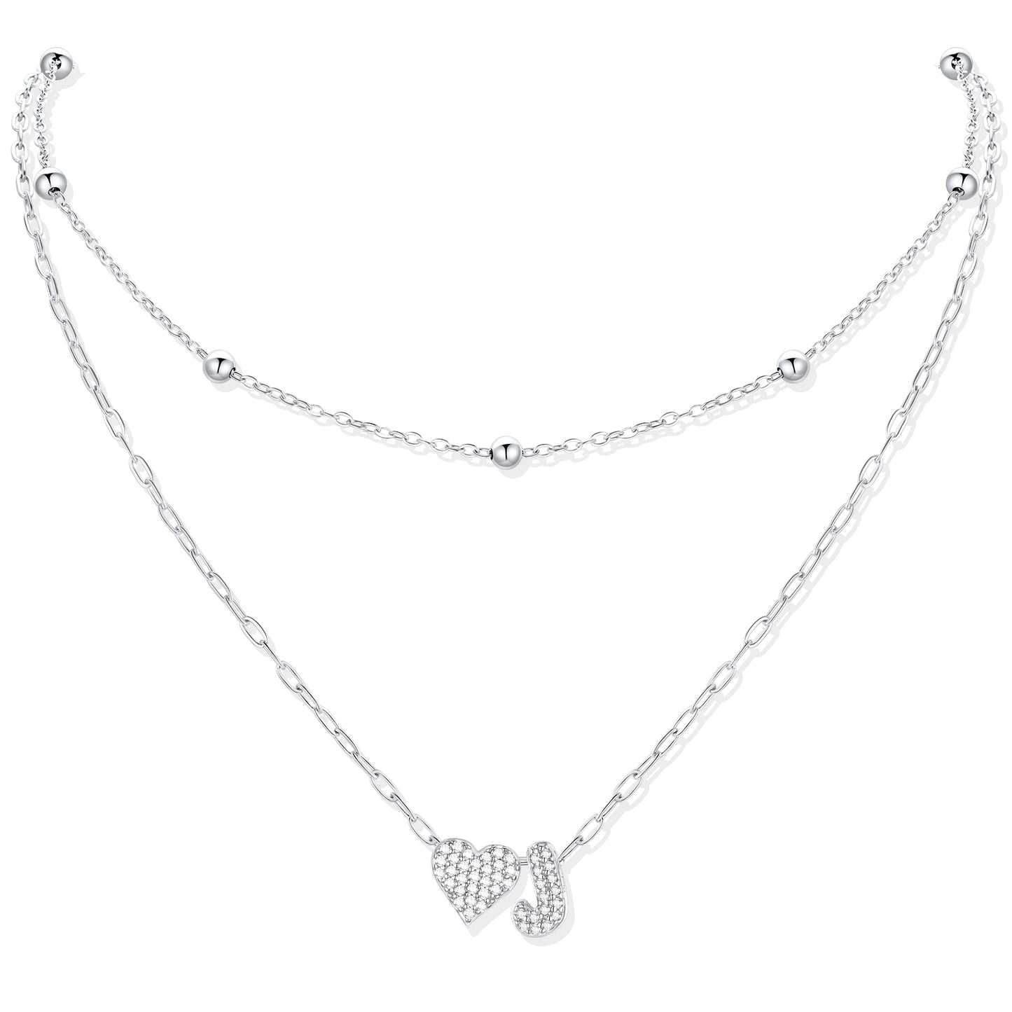 Silver CZ initial J necklace with a heart-shaped pendant on a white background