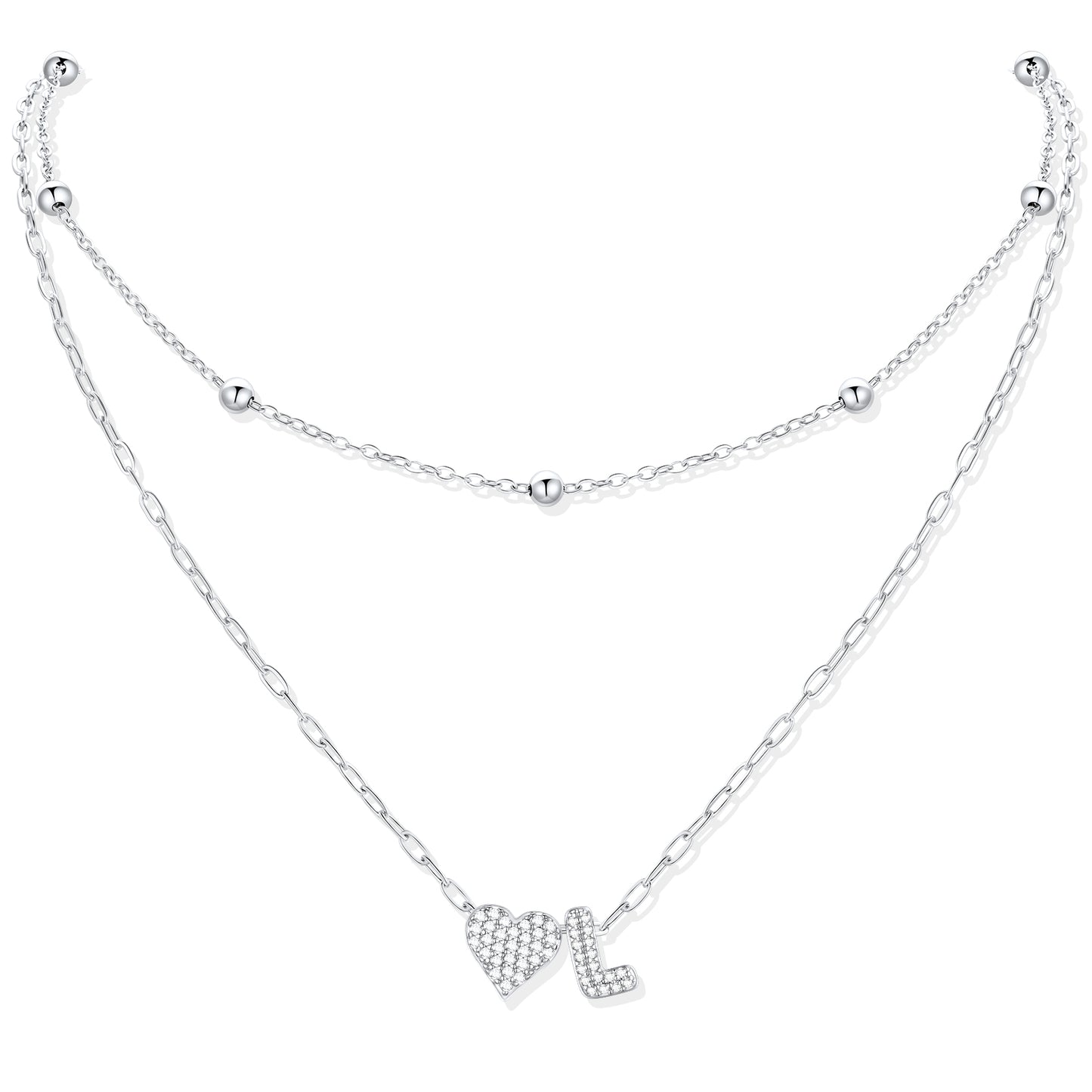 Silver CZ initial L necklace with a heart-shaped pendant on a white background
