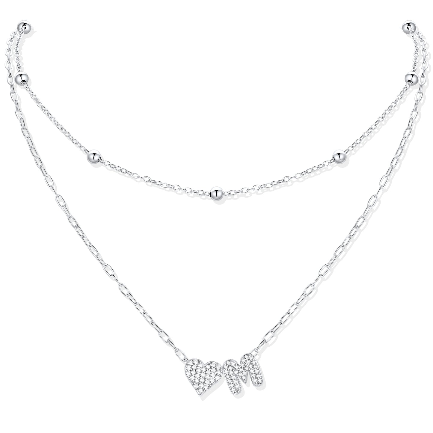 Silver CZ initial M necklace with a heart-shaped pendant on a white background