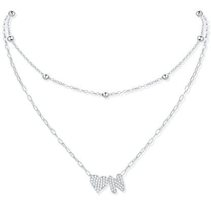Silver CZ initial N necklace with a heart-shaped pendant on a white background