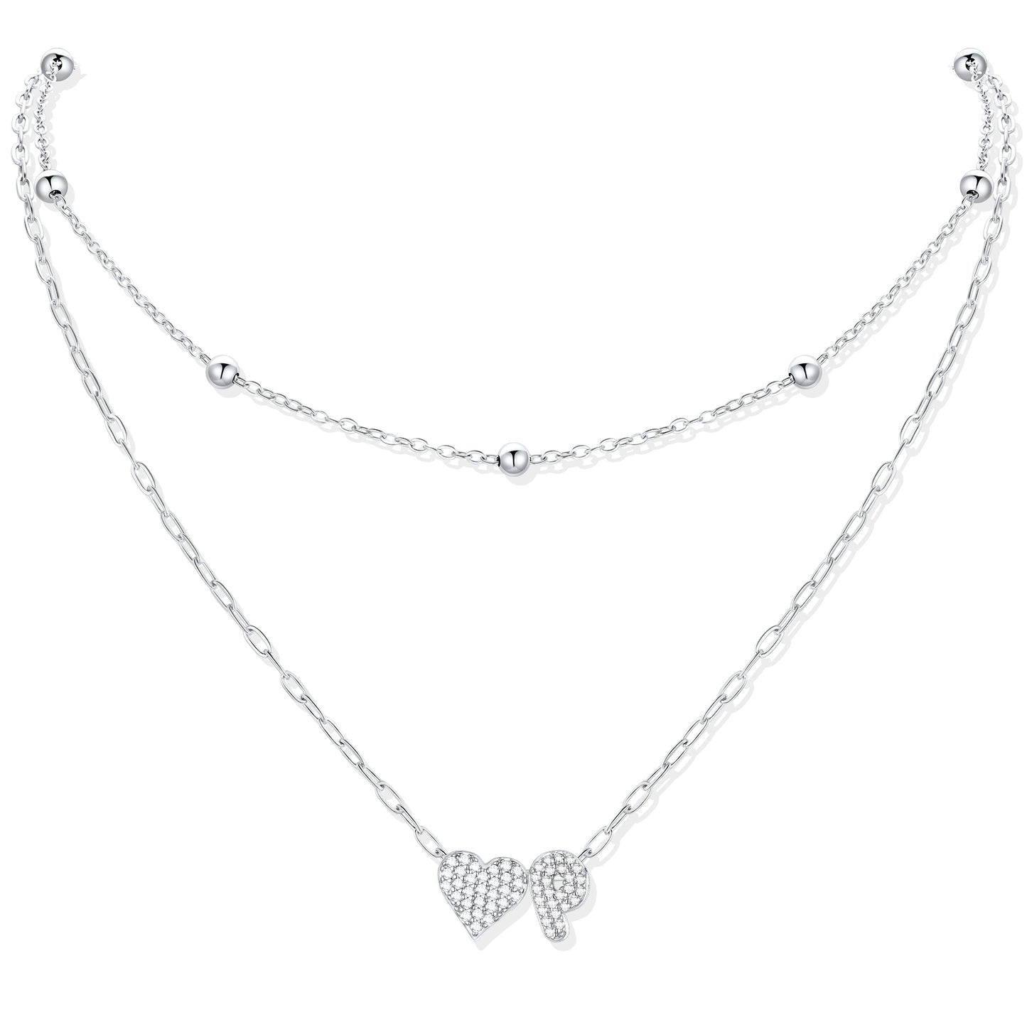 Silver CZ initial P necklace with a heart-shaped pendant on a white background