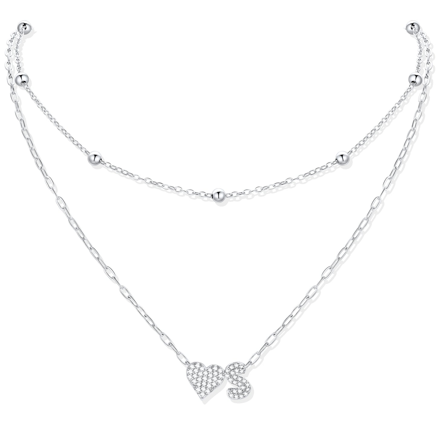 Silver CZ initial S necklace with a heart-shaped pendant on a white background