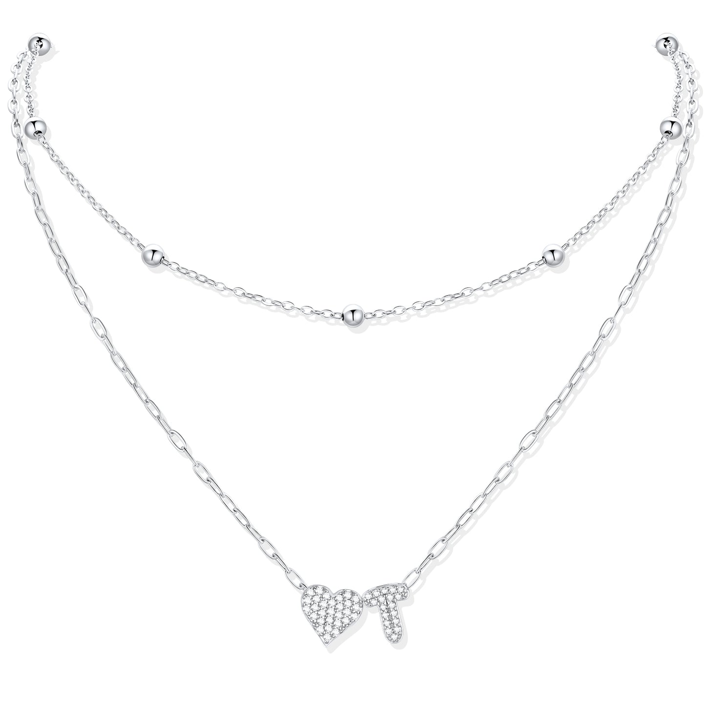 Silver CZ initial T necklace with a heart-shaped pendant on a white background
