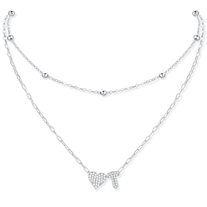 Silver CZ initial T necklace with a heart-shaped pendant on a white background