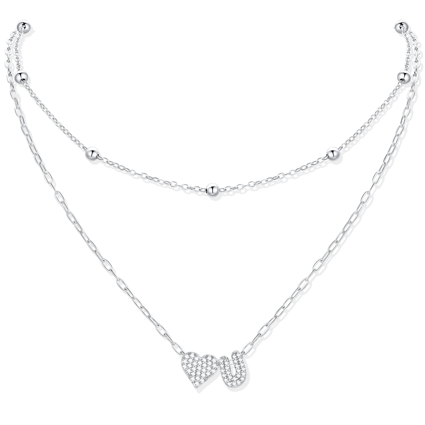 Silver CZ initial U necklace with a heart-shaped pendant on a white background