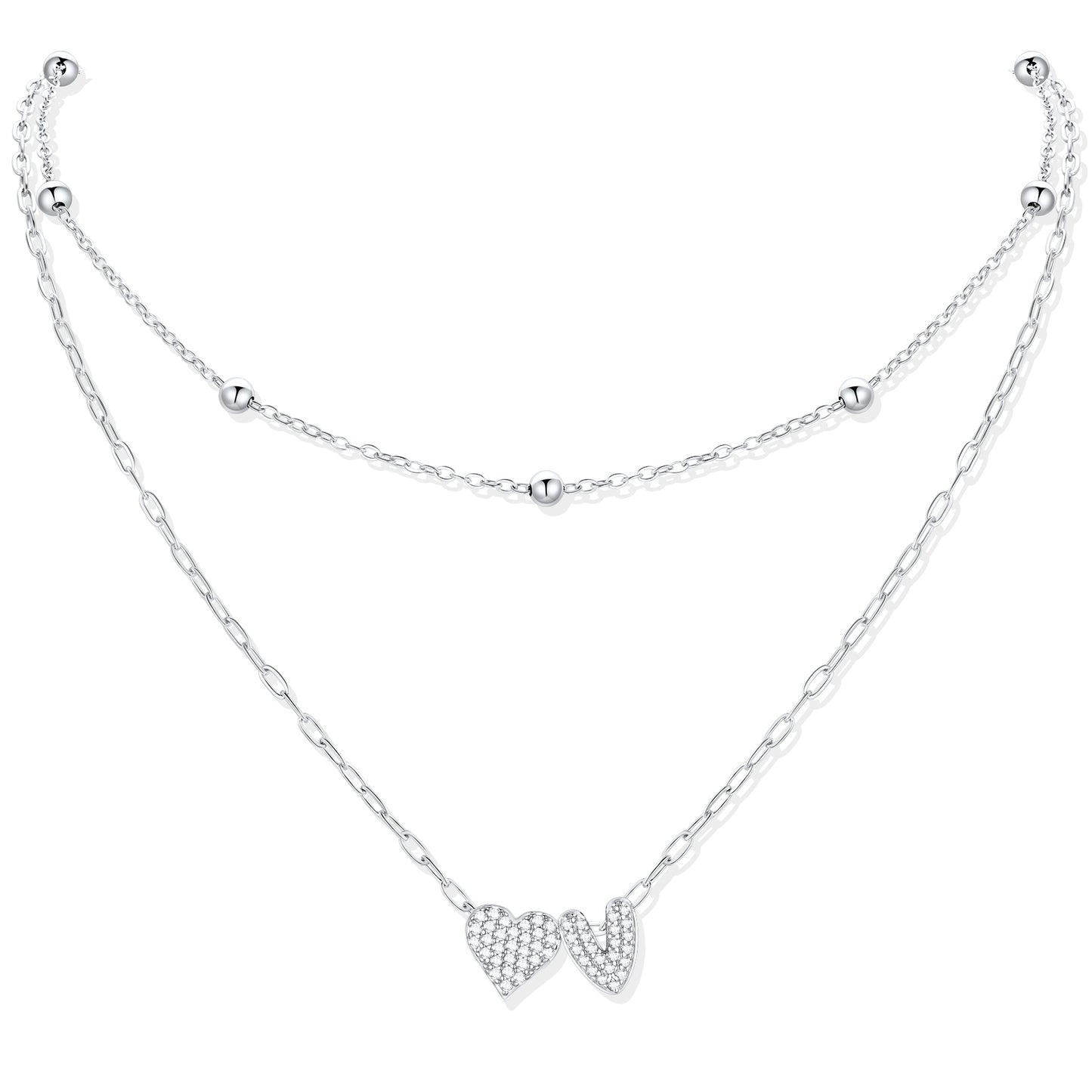 Silver CZ initial V necklace with a heart-shaped pendant on a white background
