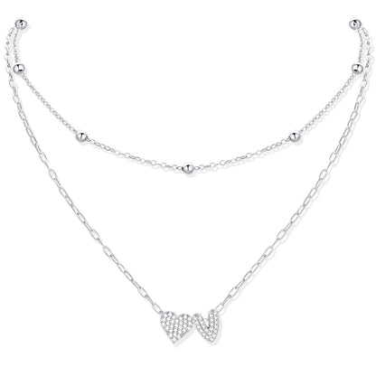 Silver CZ initial V necklace with a heart-shaped pendant on a white background