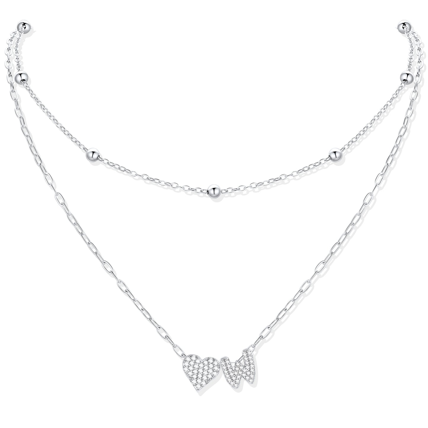 Silver CZ initial W necklace with a heart-shaped pendant on a white background