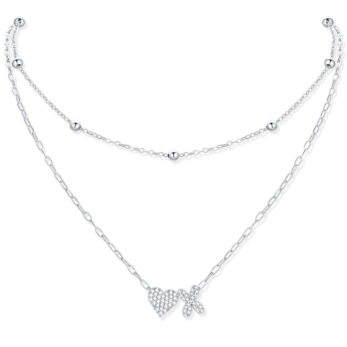 Silver CZ initial X necklace with a heart-shaped pendant on a white background