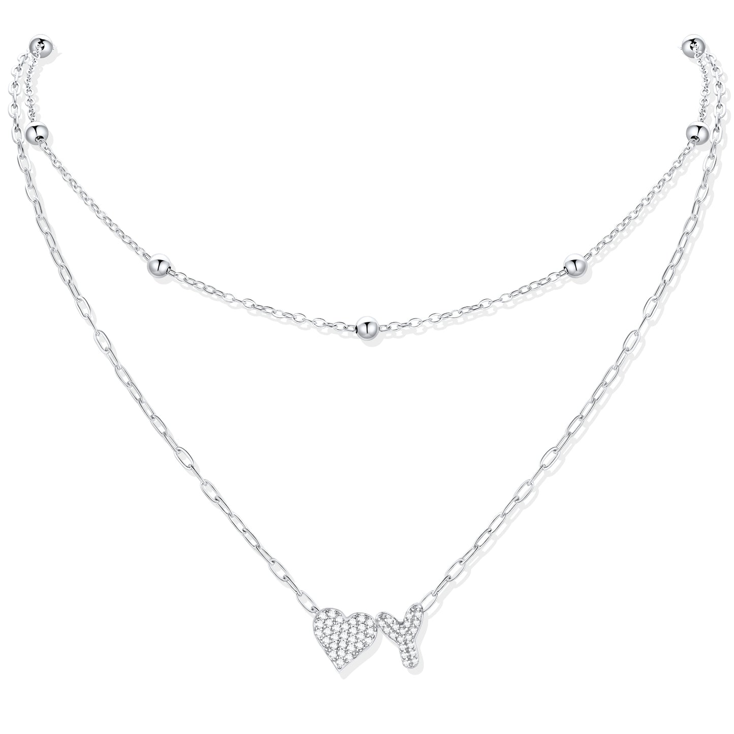 Silver CZ initial Y necklace with a heart-shaped pendant on a white background