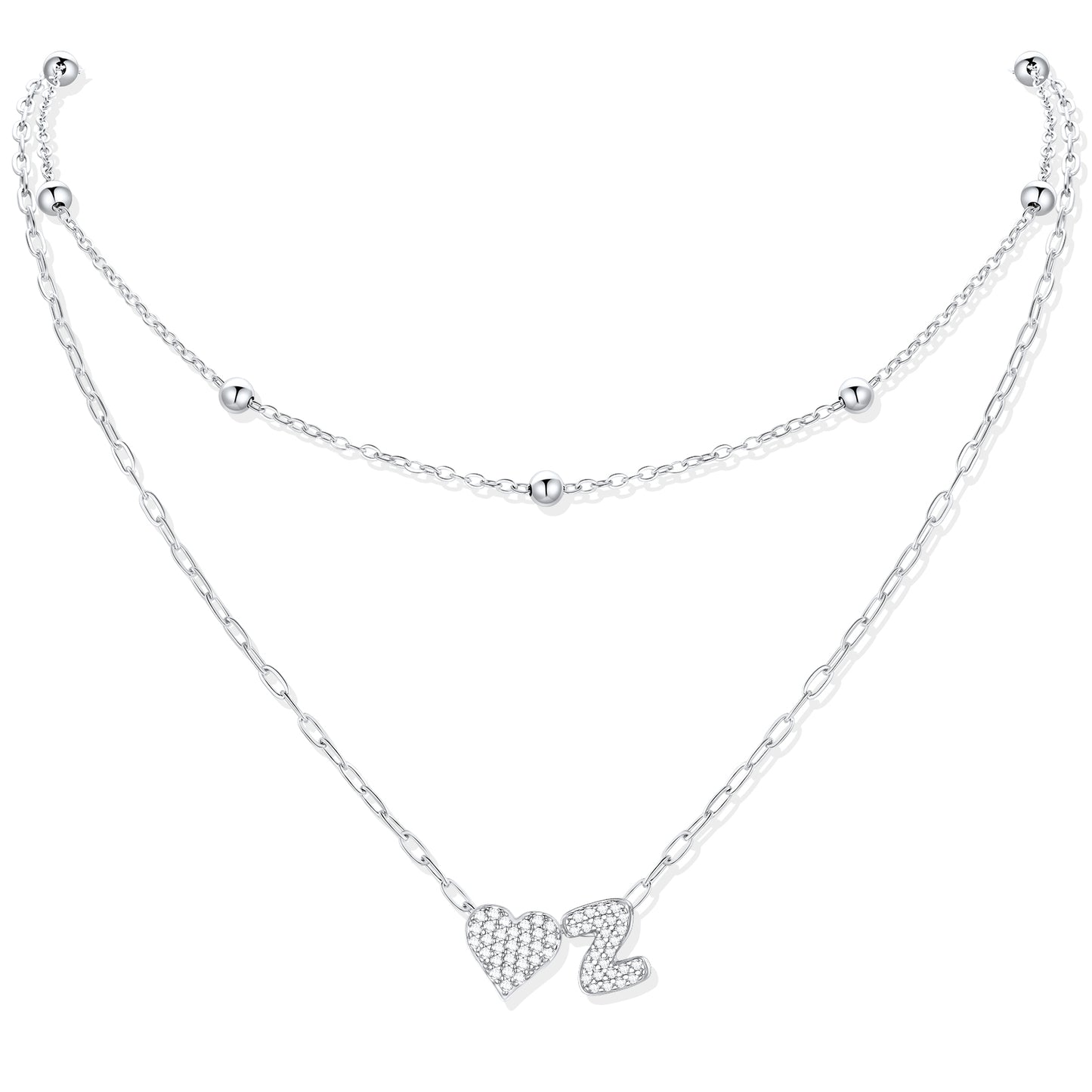 Silver CZ initial z necklace with a heart-shaped pendant on a white background