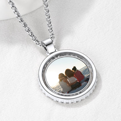 Silver CZ picture necklace with a photo of three people on a beach