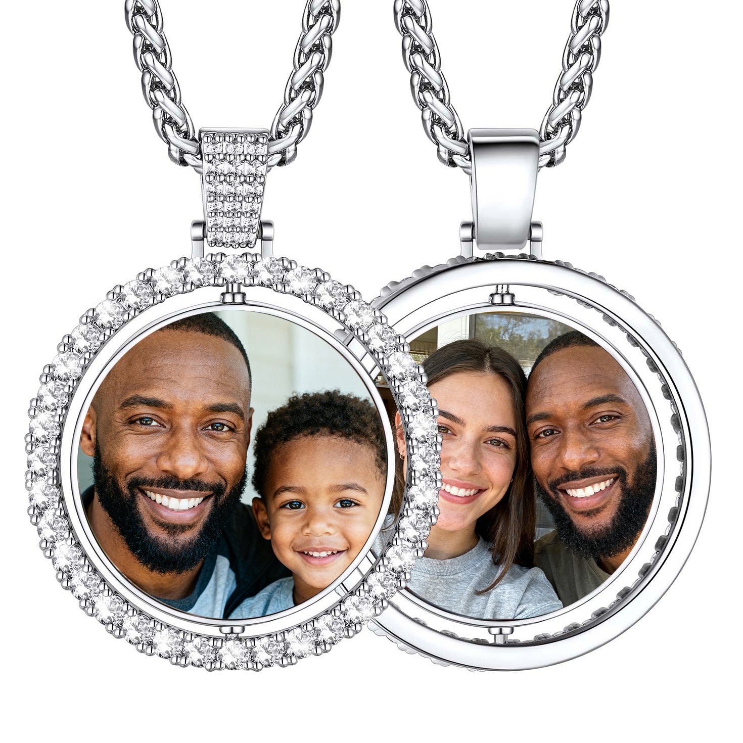 Silver CZ picutre necklace with two photo frames, one showing a family of four and the other a couple.
