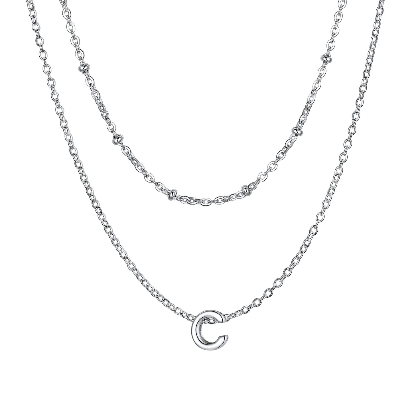 Silver C Layered initial W necklace on a white background