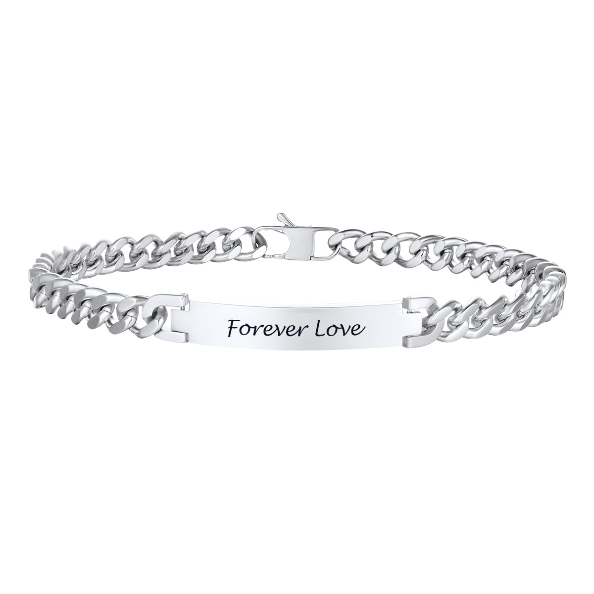 Silver Cuban chain Necklace with 'Forever Love' engraving on a white background