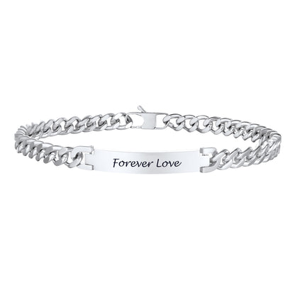Silver Cuban chain Necklace with 'Forever Love' engraving on a white background
