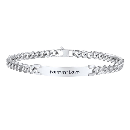 Silver Cuban chain Necklace with 'Forever Love' engraving on a white background