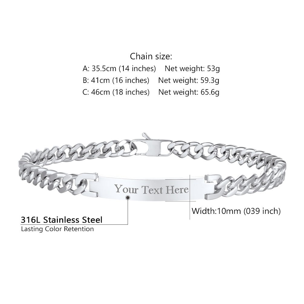 Silver Cuban chain necklace with customizable text on a white background