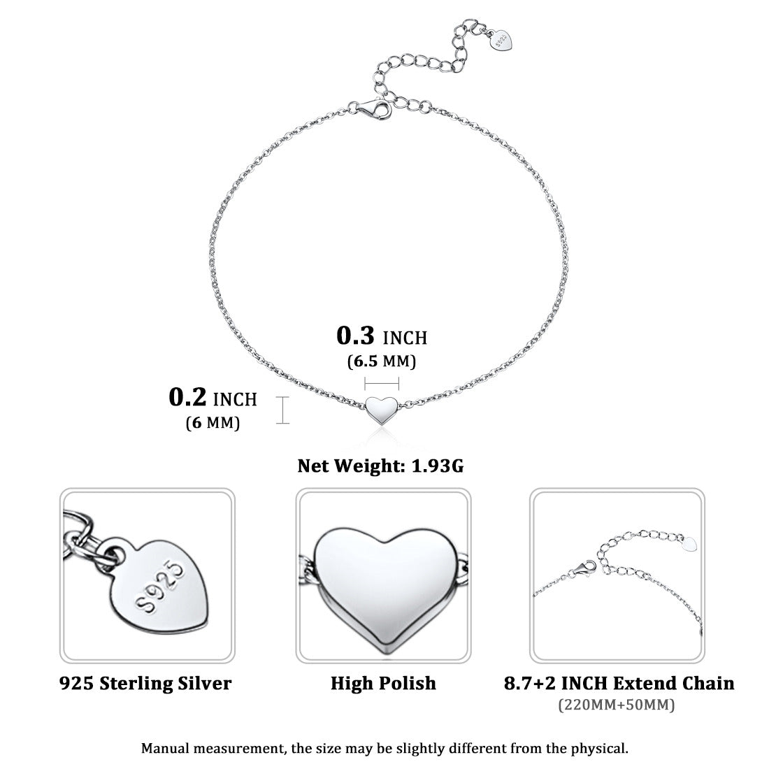 Silver Custom Engraved Heart Anklets Dimension, Durable