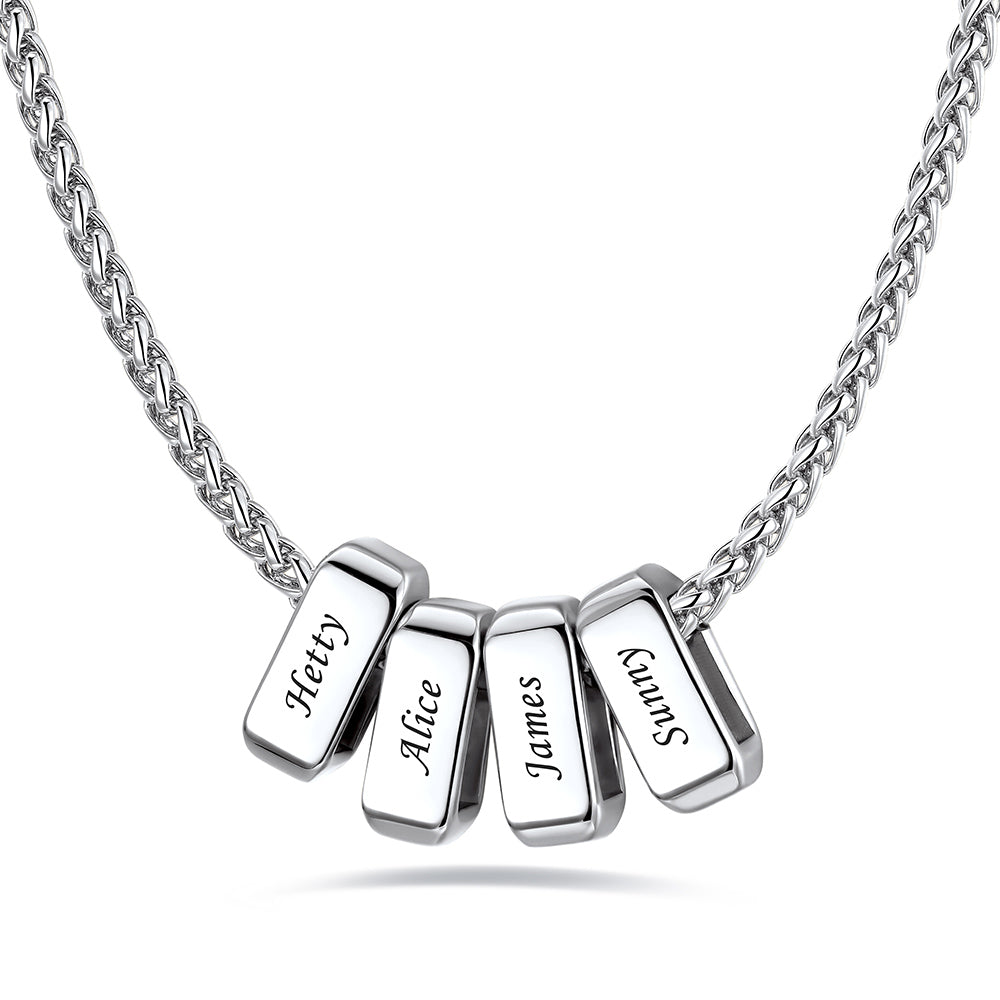 Silver Custom Engraved necklace with engraved name bars on a white background