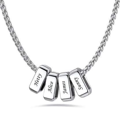 Silver Custom Engraved necklace with engraved name bars on a white background