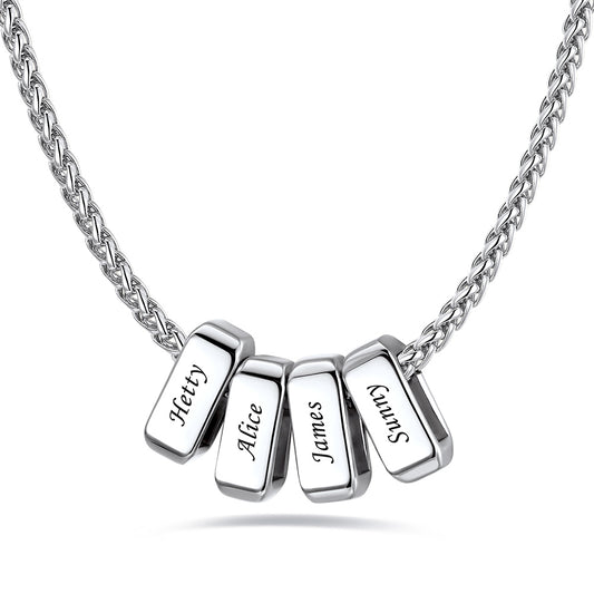 Silver Custom Engraved necklace with engraved name bars on a white background