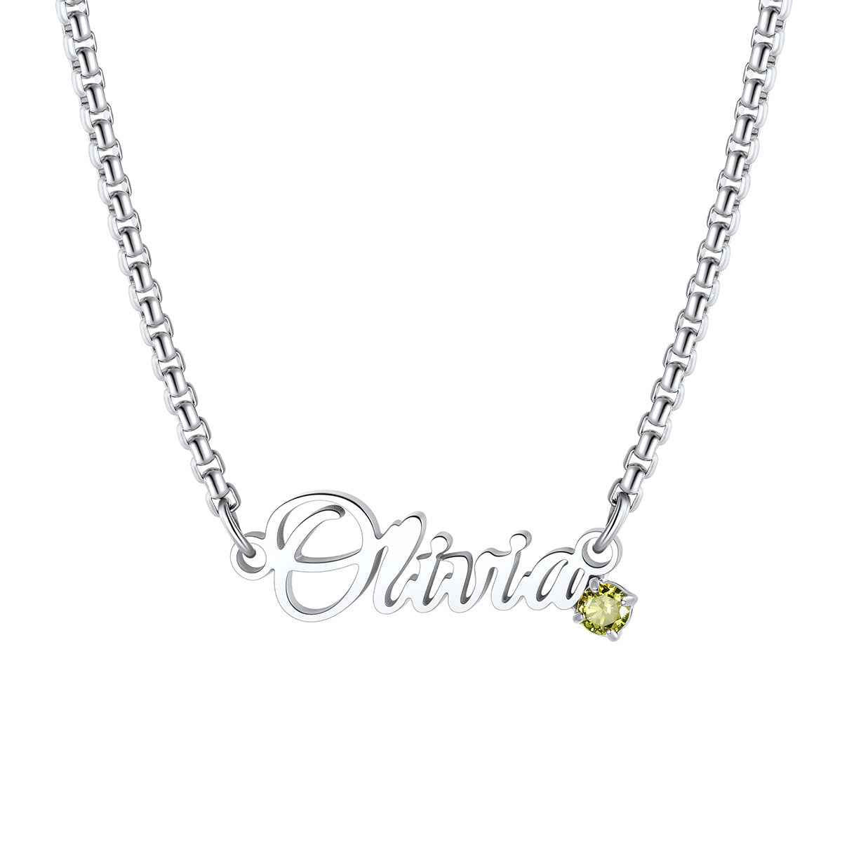 Silver Custom Name Birthstone Box Chain Necklace on a white background