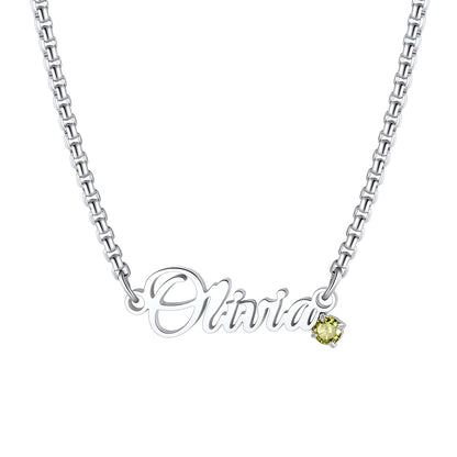 Silver Custom Name Birthstone Box Chain Necklace on a white background