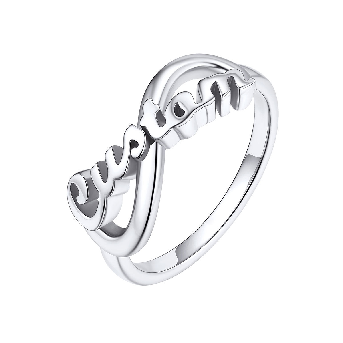 Silver Custom Name Infinity Promise Ring for Women on white stone on a white background