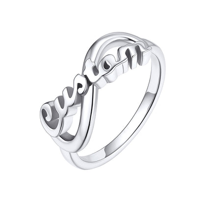 Silver Custom Name Infinity Promise Ring for Women on white stone on a white background