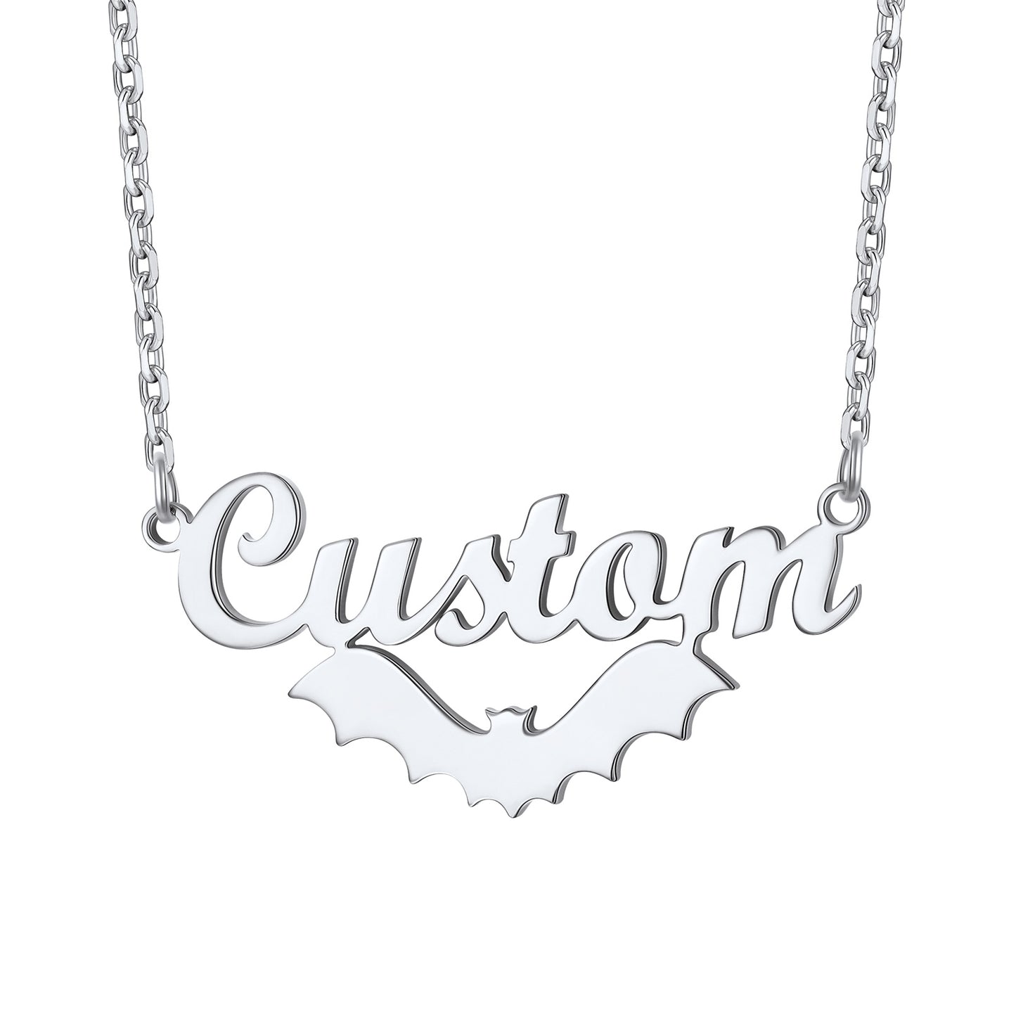 Silver 'Custom' bat name necklace on a white background