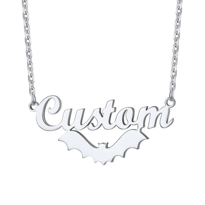 Silver 'Custom' bat name necklace on a white background