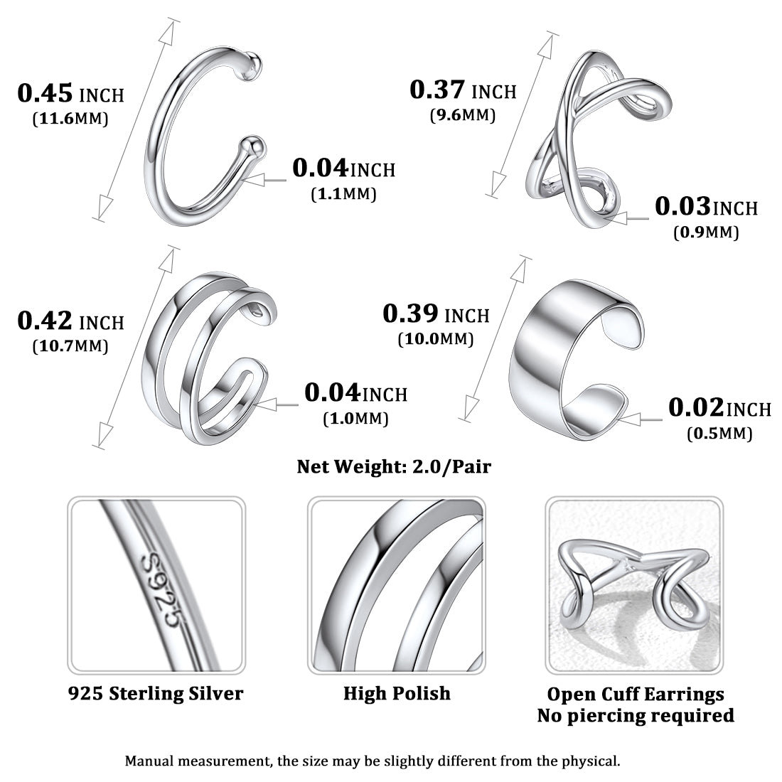 Silver Ear Cuff Earrings Set Non Piercing Rose Dimension, Durable, Solid