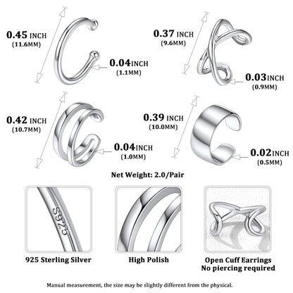Silver Ear Cuff Earrings Set Non Piercing Rose Dimension, Durable, Solid